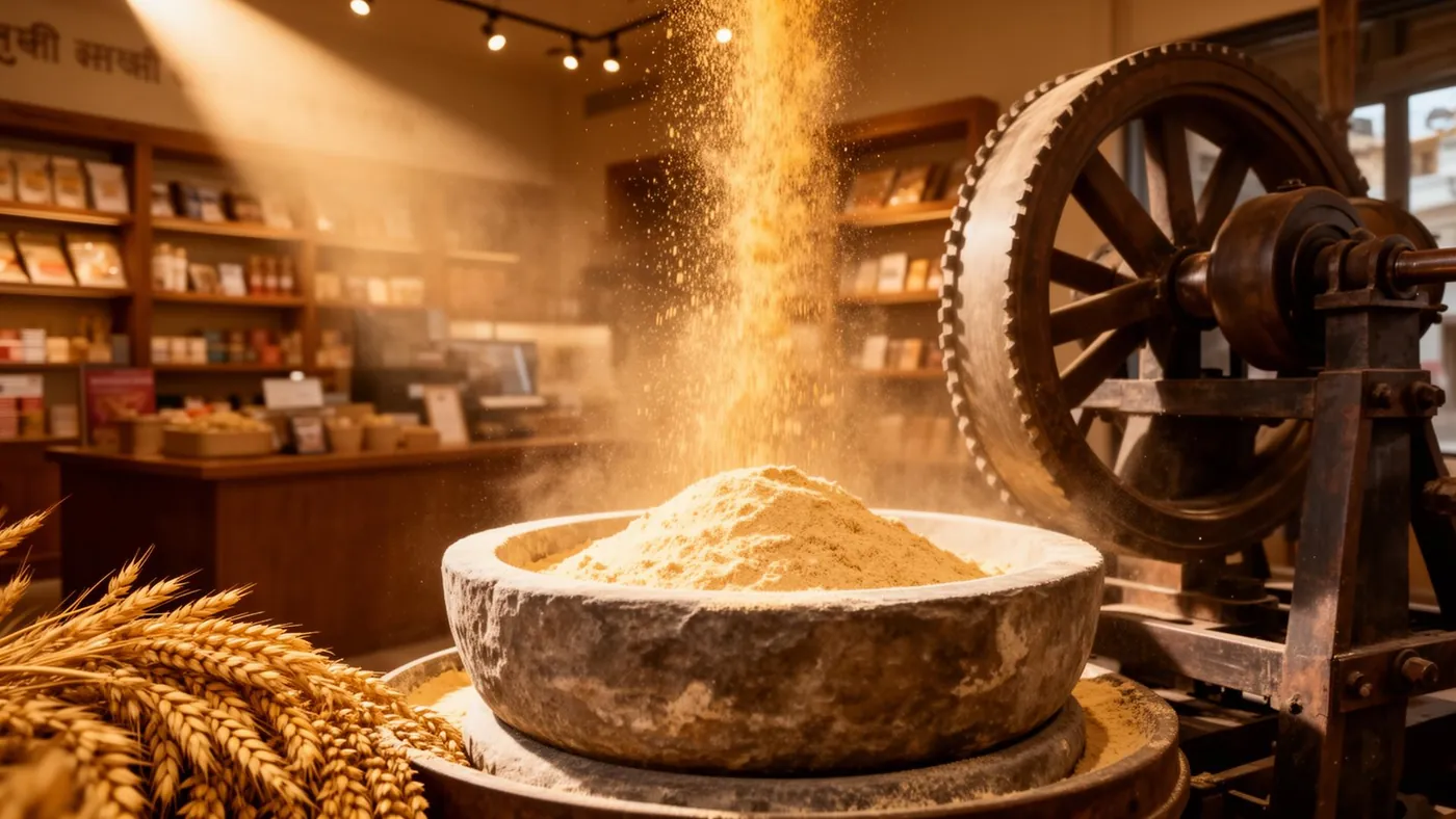 Stone-grinding flour in store